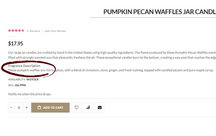 Screenshot of Keystone Candle website fragrance descriptions