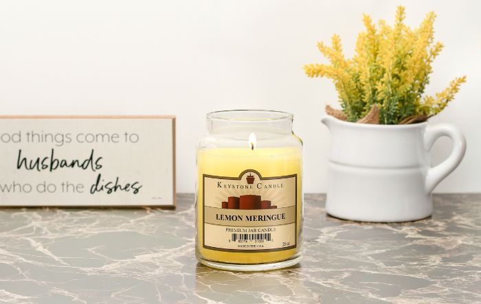 Lemon Meringue candle on a clean kitchen countertop